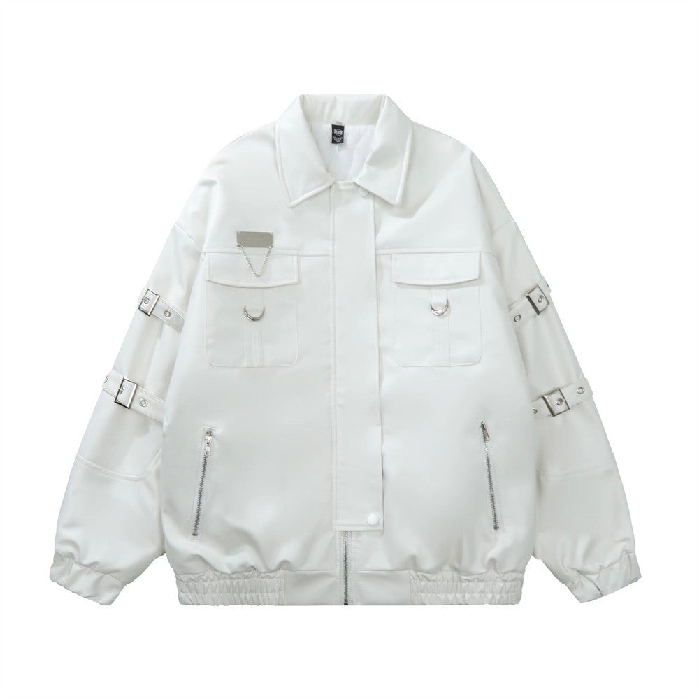 Lace-up Design Sense Motorcycle Clothing Leather Coat Men’s Rock Loose PU Leather Jacket - White / M