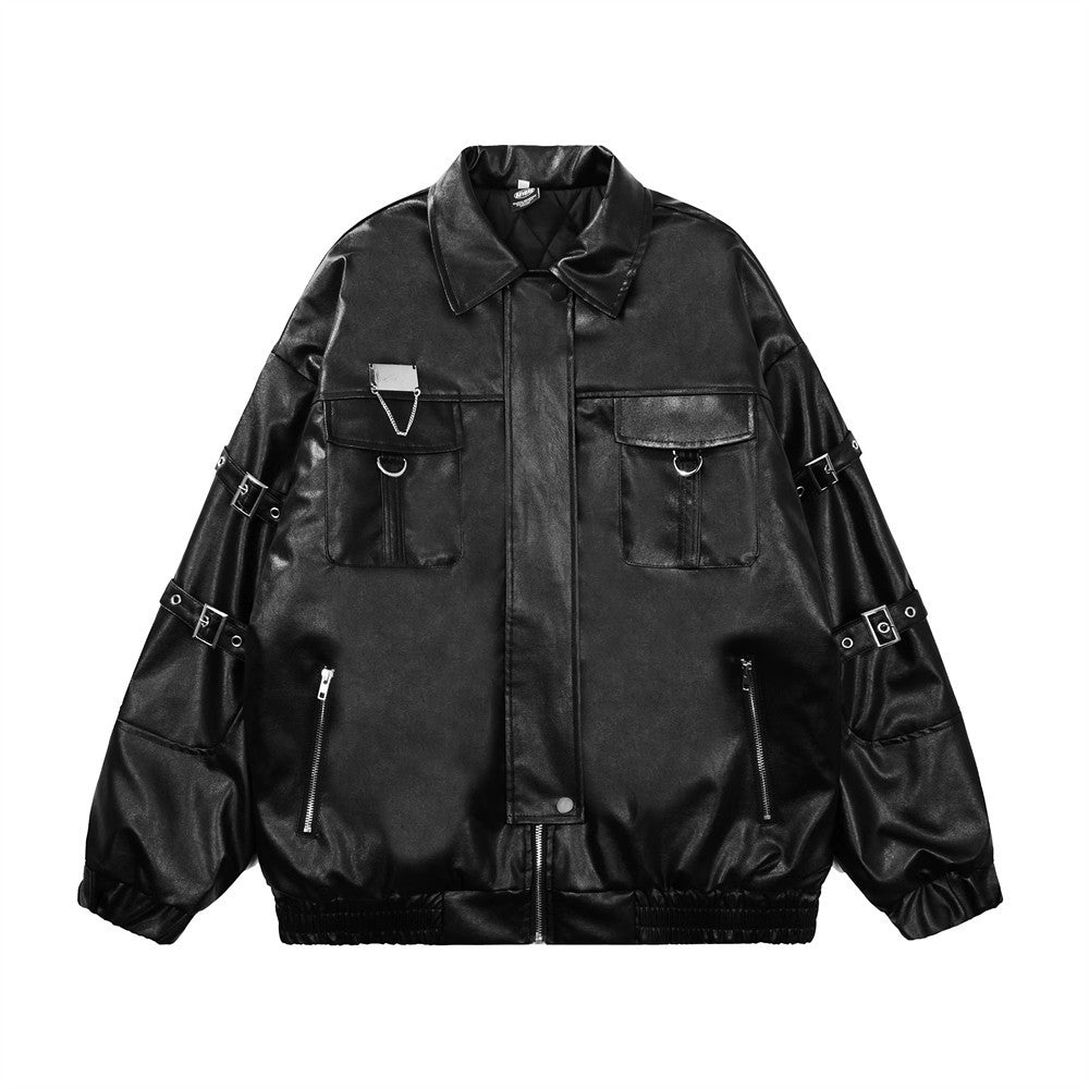Lace-up Design Sense Motorcycle Clothing Leather Coat Men’s Rock Loose PU Leather Jacket