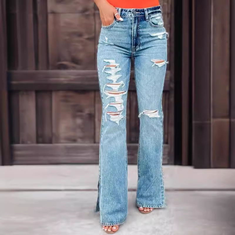 Ladies Jeans High Waist Ripped Slightly Stretch Split Trousers - Light Blue / S