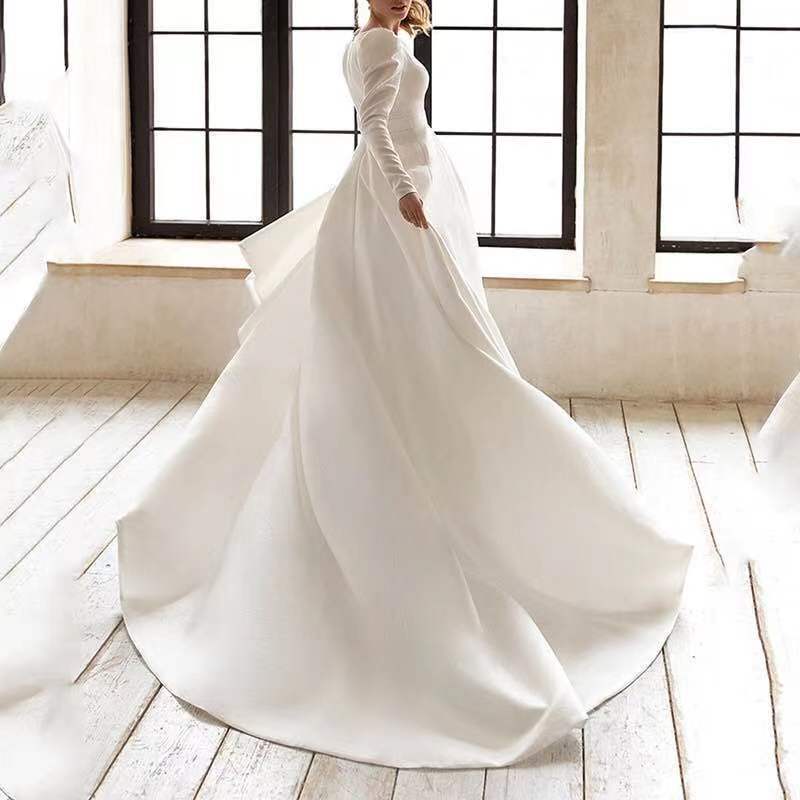 Ladies Style White Dress Satin Surface Was Thin And High French Temperament Dress Long Skirt - Beige / S