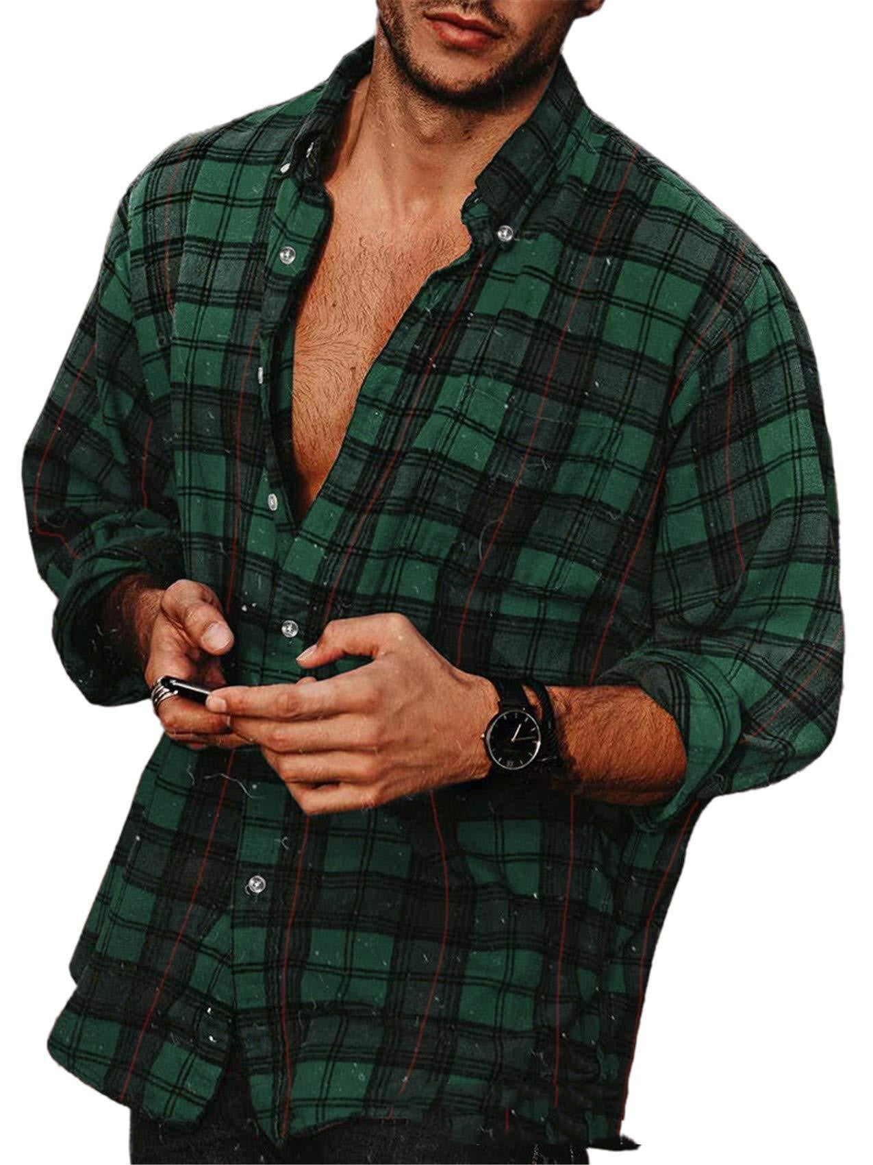 Lapel Shirt Casual Long Sleeve - Dark green / M