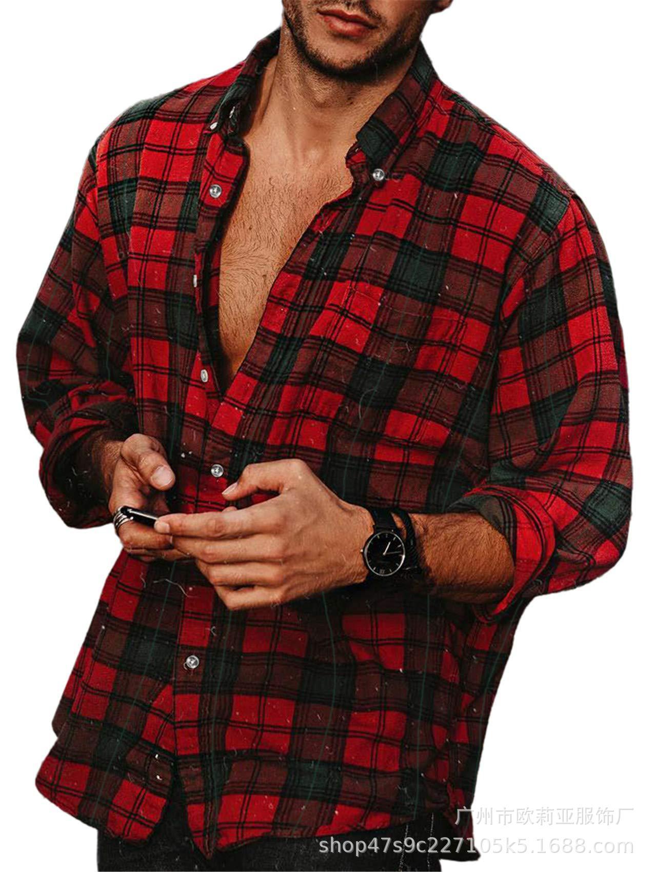 Lapel Shirt Casual Long Sleeve - Red / M