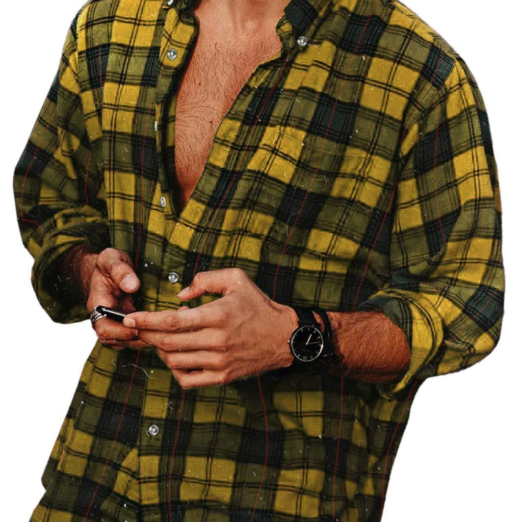 Lapel Shirt Casual Long Sleeve - Yellow / M