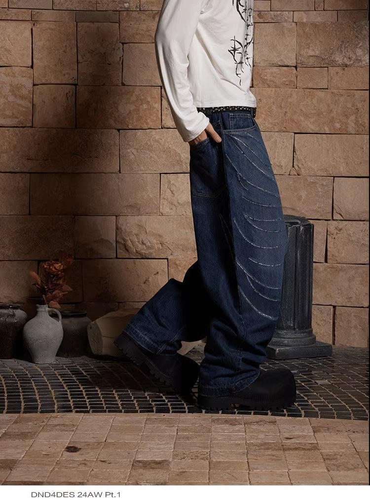 Design Washed Distressed Laser Cat Beard Starry Rhinestone Hot Drilling Loose Wide Leg Jeans