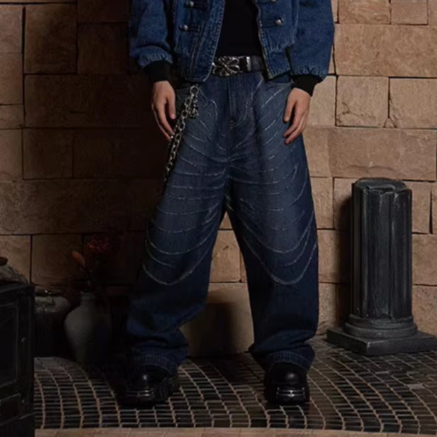 Design Washed Distressed Laser Cat Beard Starry Rhinestone Hot Drilling Loose Wide Leg Jeans - Blue / M