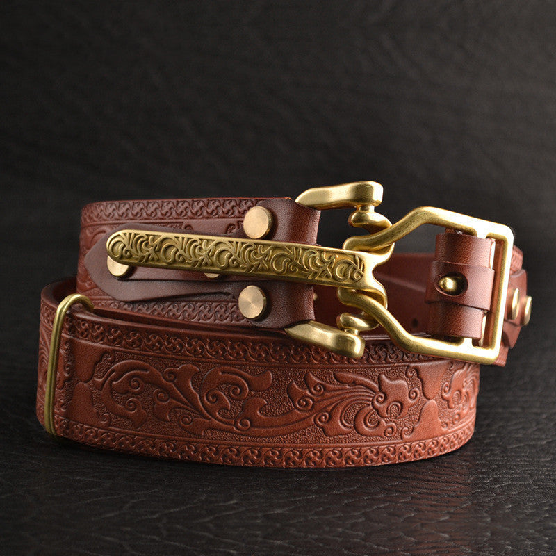 Men’s Leisure Leather Belt With Woven Pattern - Redbrown / S