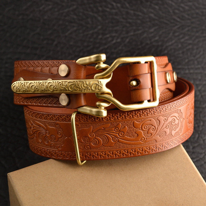 Men’s Leisure Leather Belt With Woven Pattern - Yellow brown / S