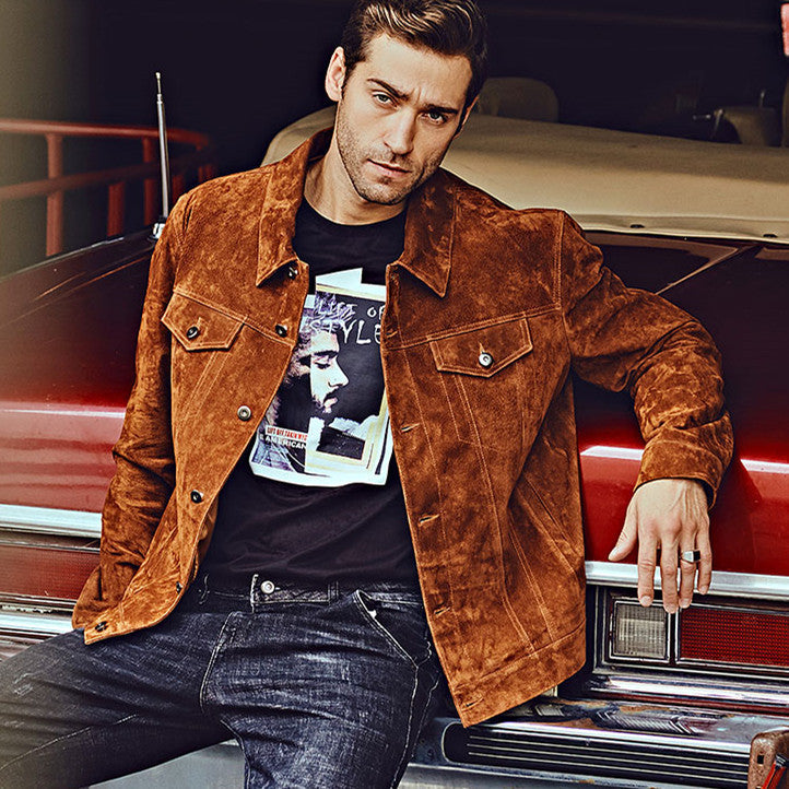 Leather Biker Jacket For Men American - Brown / XS