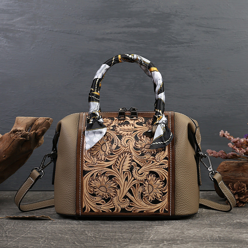 Leather Carving Stylish Textured Vintage First Layer Cowhide Portable Messenger Bag - Gray Pure