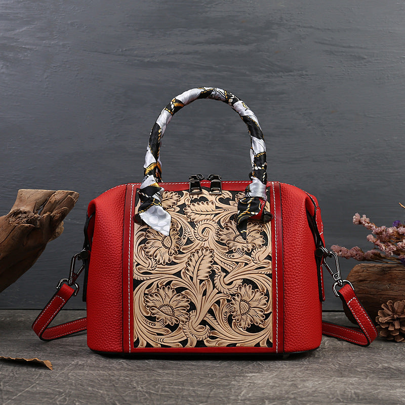 Leather Carving Stylish Textured Vintage First Layer Cowhide Portable Messenger Bag - Red Pure
