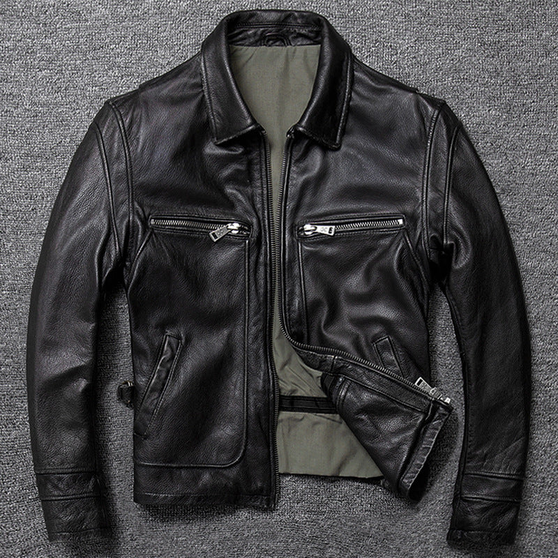 Leather Jacket Men’s Short Retro Old Casual Top Layer - Black / 3XL