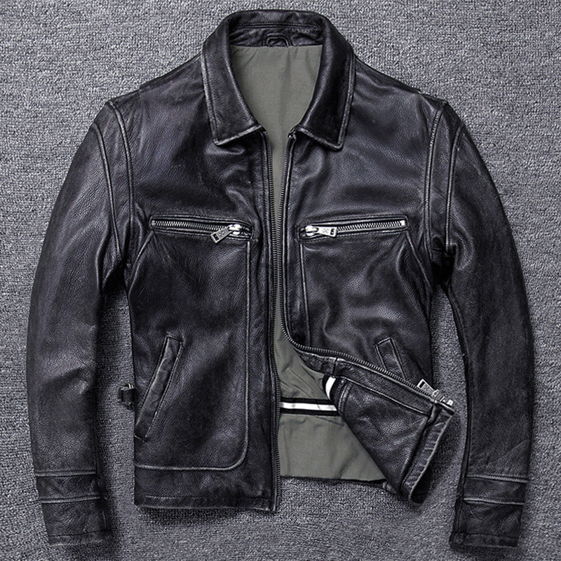 Leather Jacket Men’s Short Retro Old Casual Top Layer - Grey / M