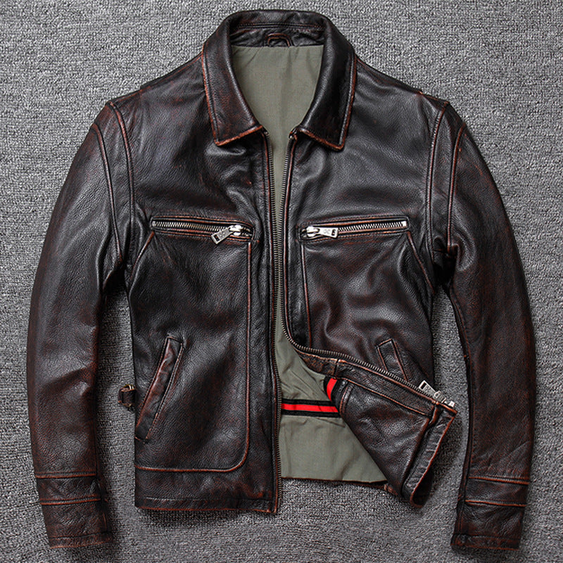 Leather Jacket Men’s Short Retro Old Casual Top Layer - Red / M