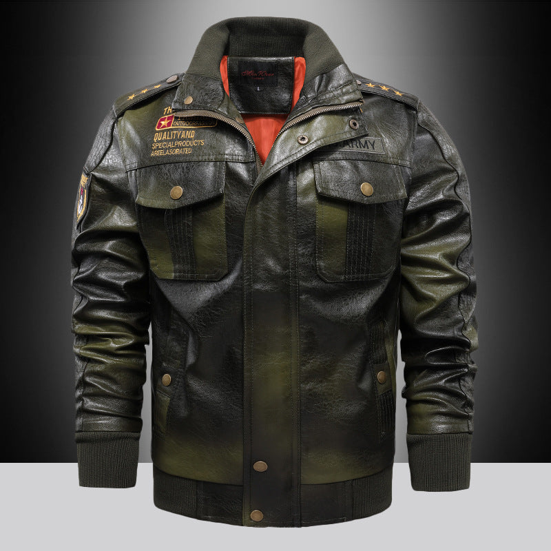 Leather Jacket Men’s Stand-up Collar Slim Fit Short - Army Green / M