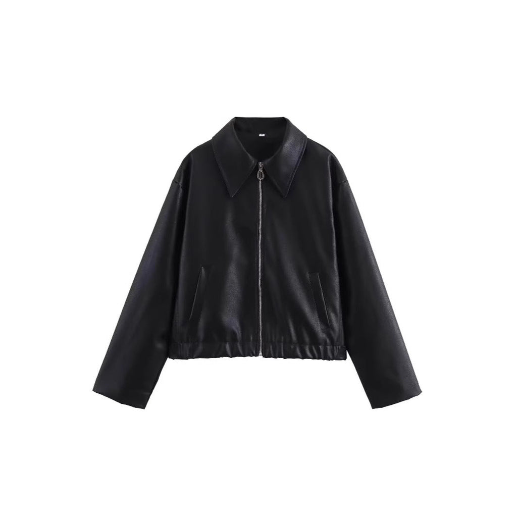Women’s Lapel Long Sleeve Leather Coat