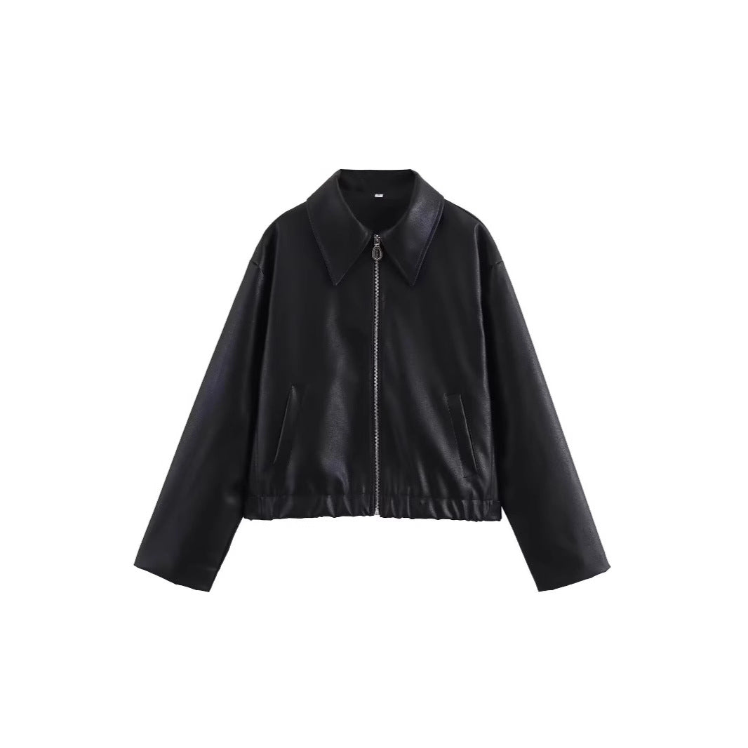 Women’s Lapel Long Sleeve Leather Coat
