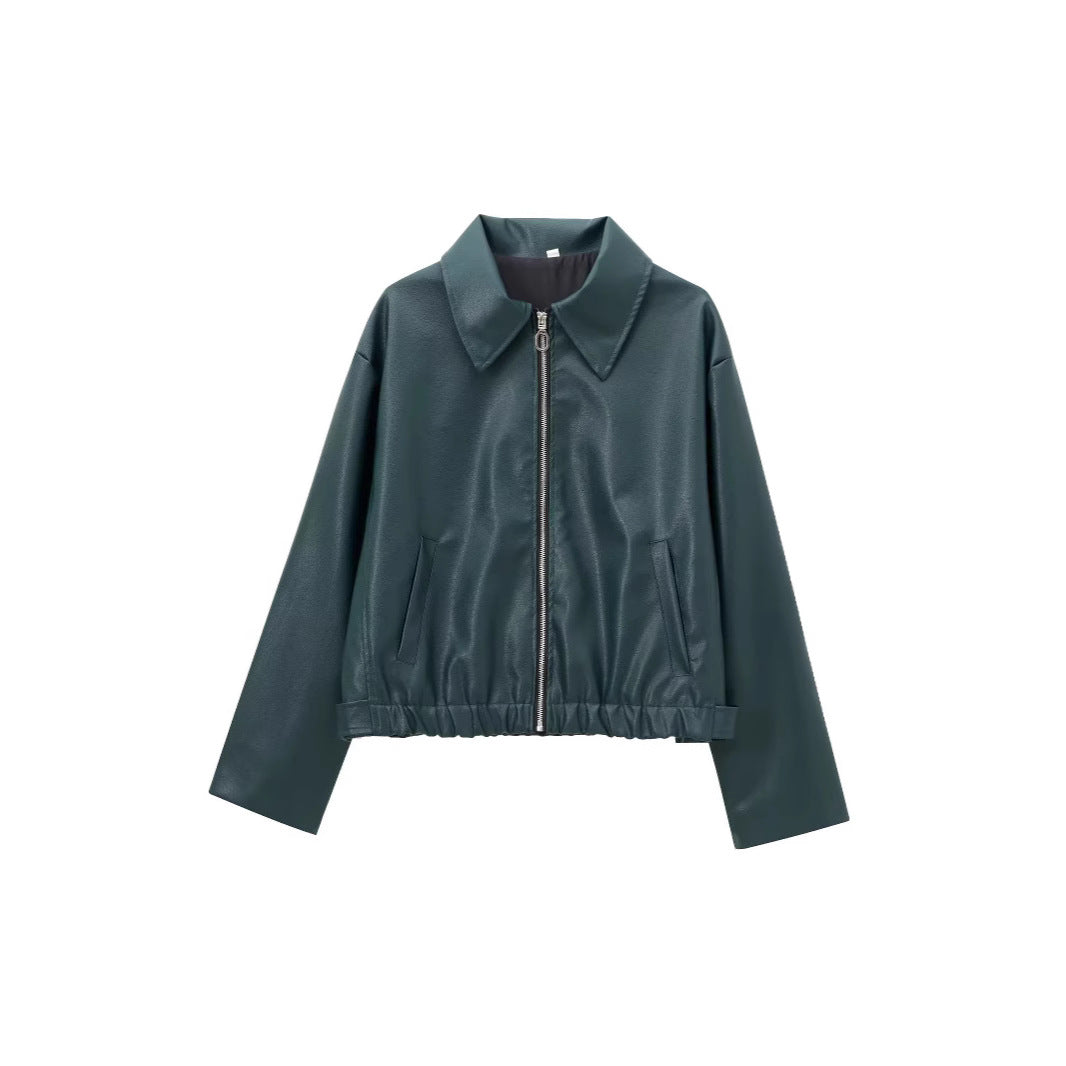 Women’s Lapel Long Sleeve Leather Coat