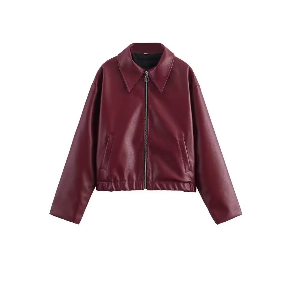 Women’s Lapel Long Sleeve Leather Coat