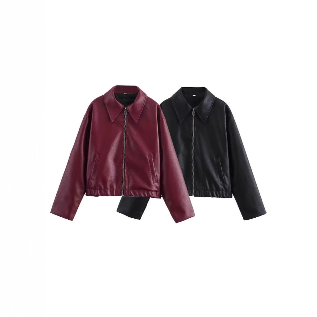 Women’s Lapel Long Sleeve Leather Coat