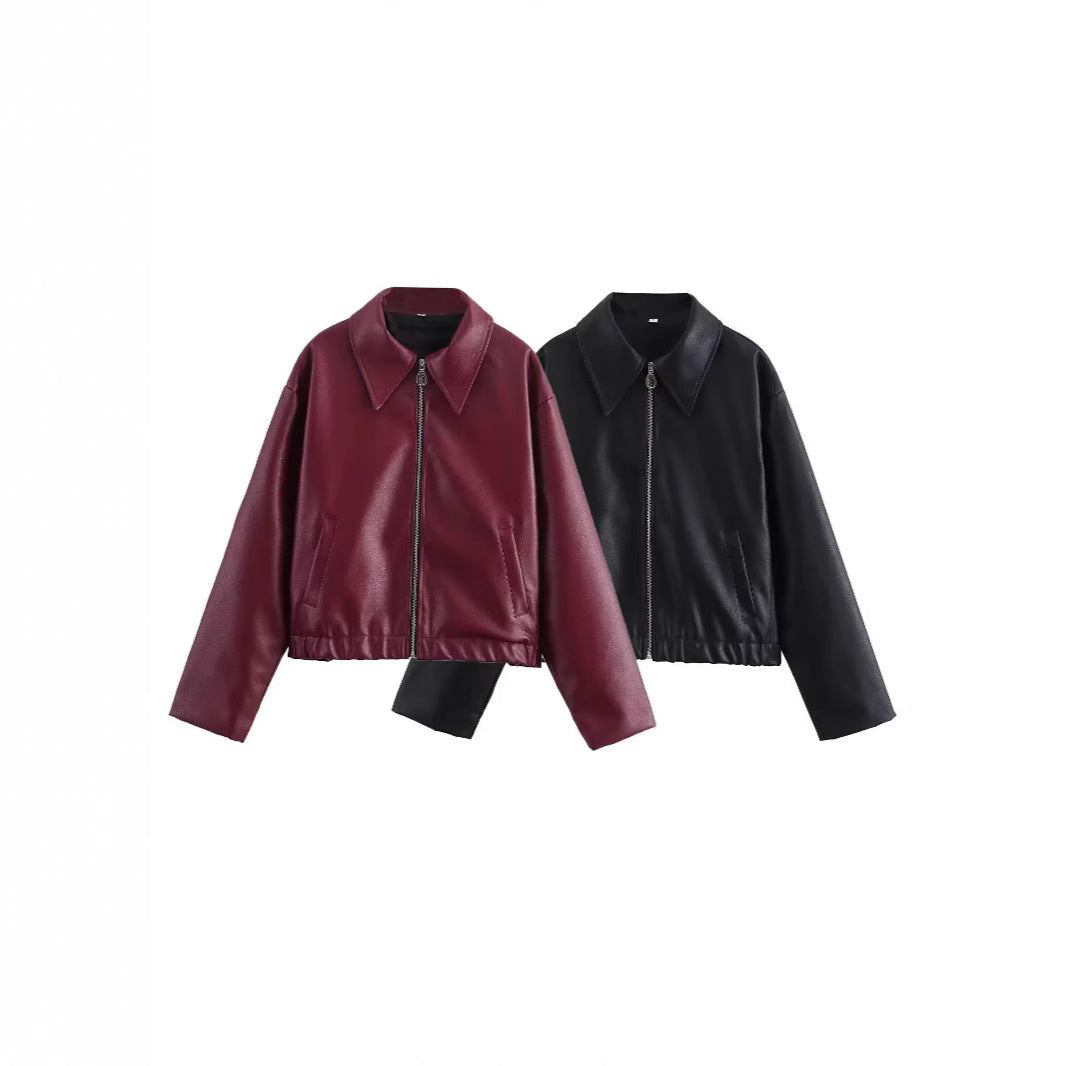 Women’s Lapel Long Sleeve Leather Coat