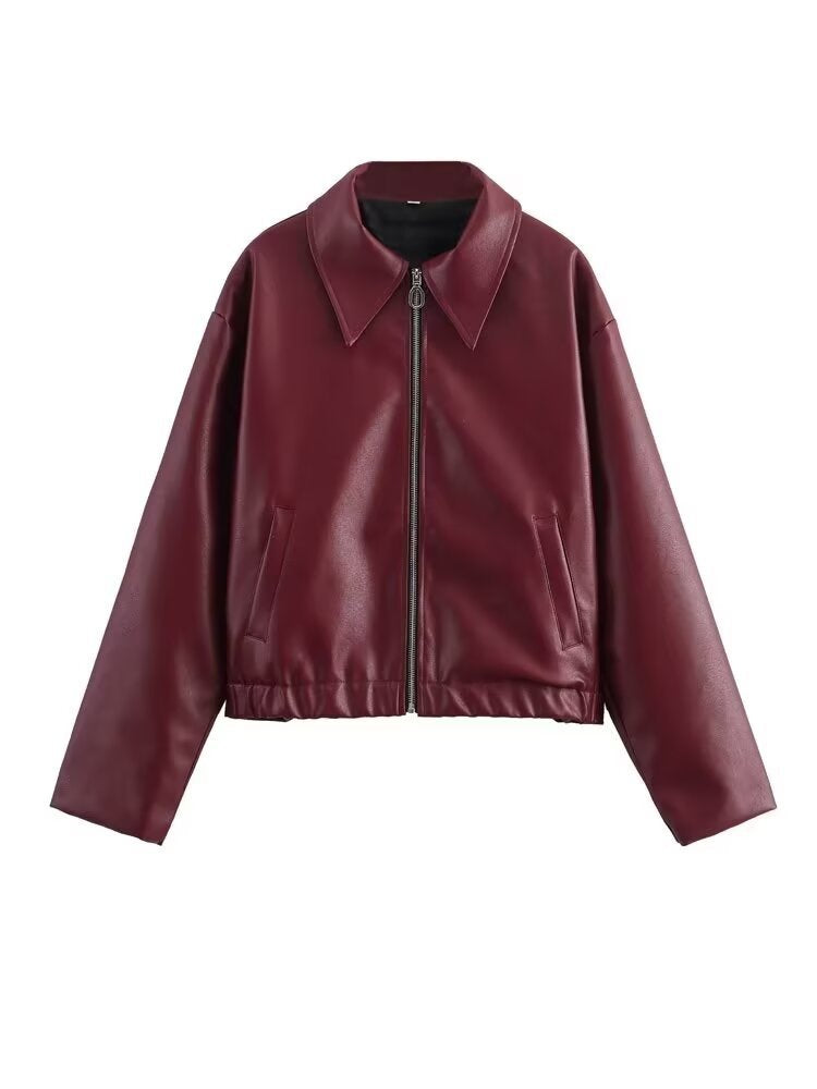 Women’s Lapel Long Sleeve Leather Coat - Dark Red / S