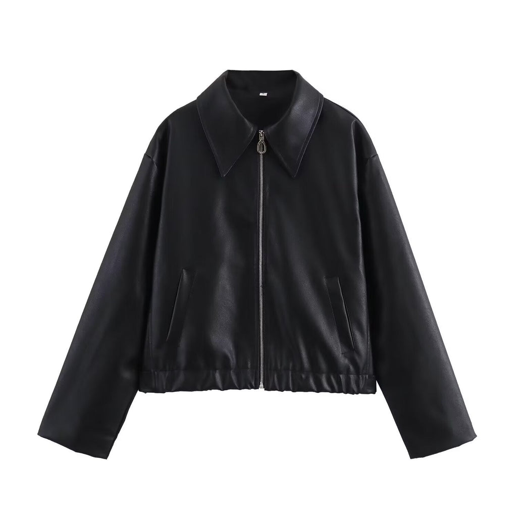 Women’s Lapel Long Sleeve Leather Coat - Black / S