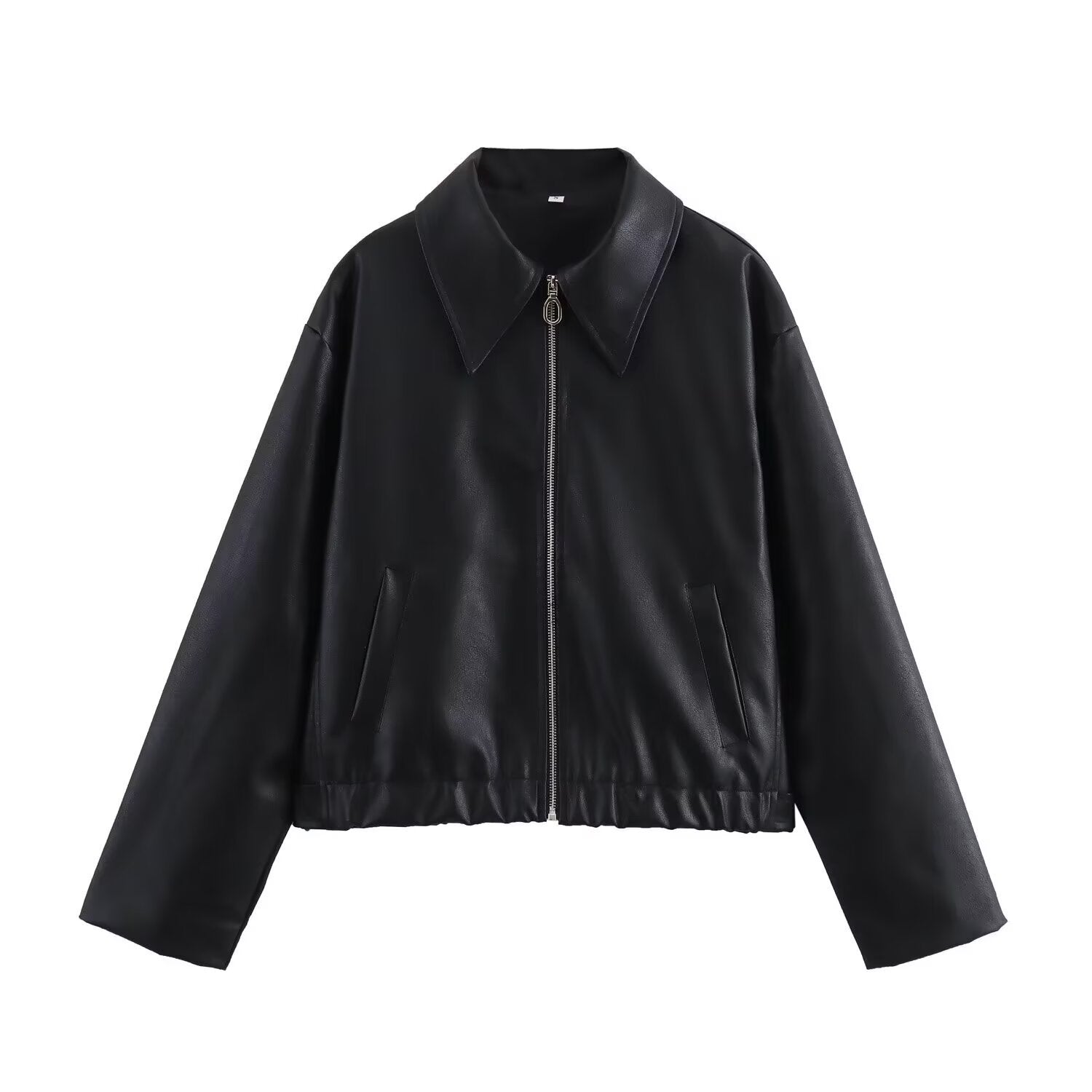 Women’s Lapel Long Sleeve Leather Coat - Black / S
