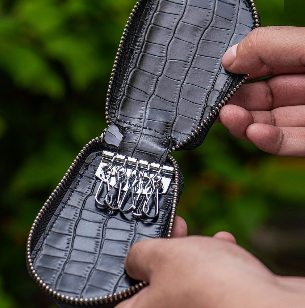 Leather Men’s And Women’s Zipper Car Key Bag Vertical Card Holder - Black