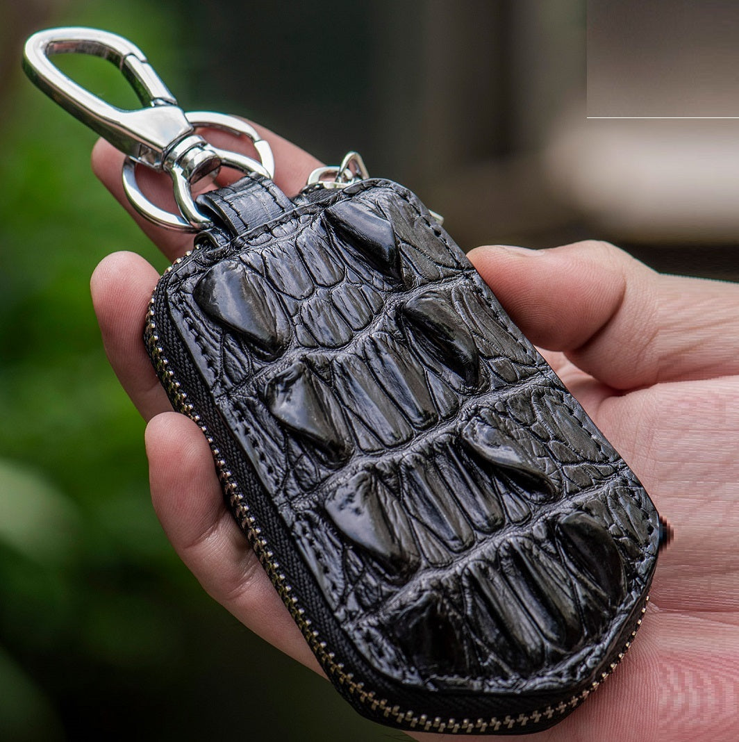 Leather Men’s And Women’s Zipper Car Key Bag Vertical Card Holder - Black