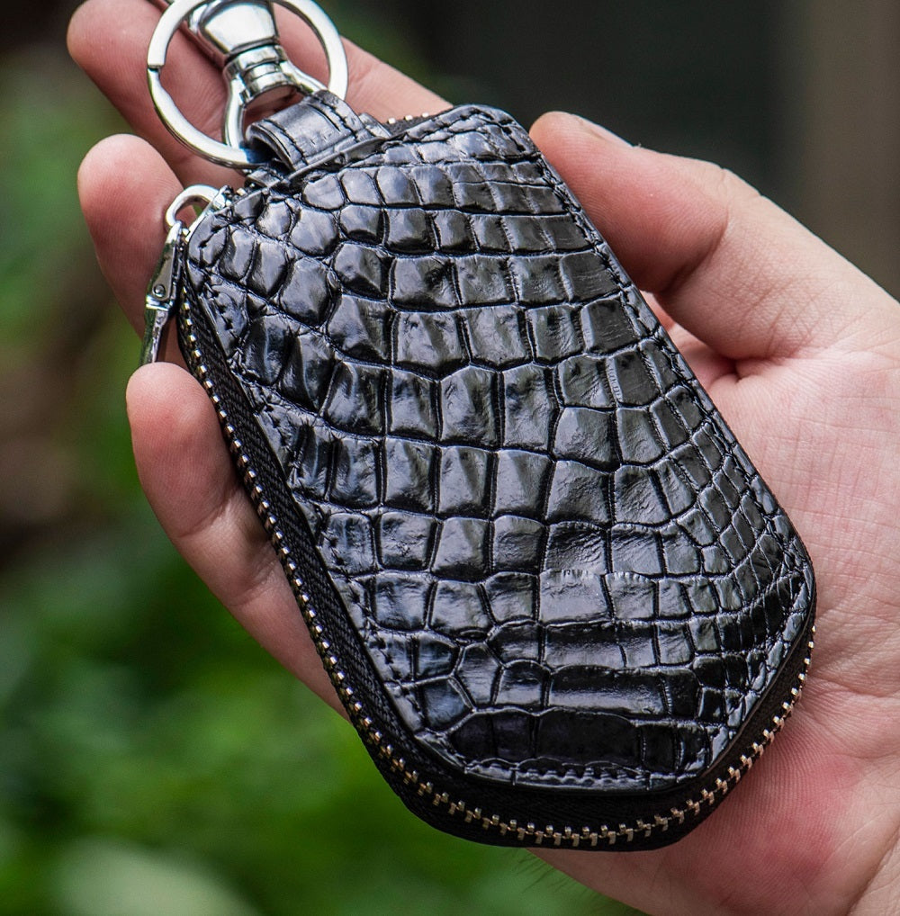 Leather Men’s And Women’s Zipper Car Key Bag Vertical Card Holder - Black