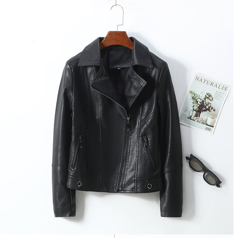 Women’s Lapel Short Small Leather Coat - Black Zipper / L