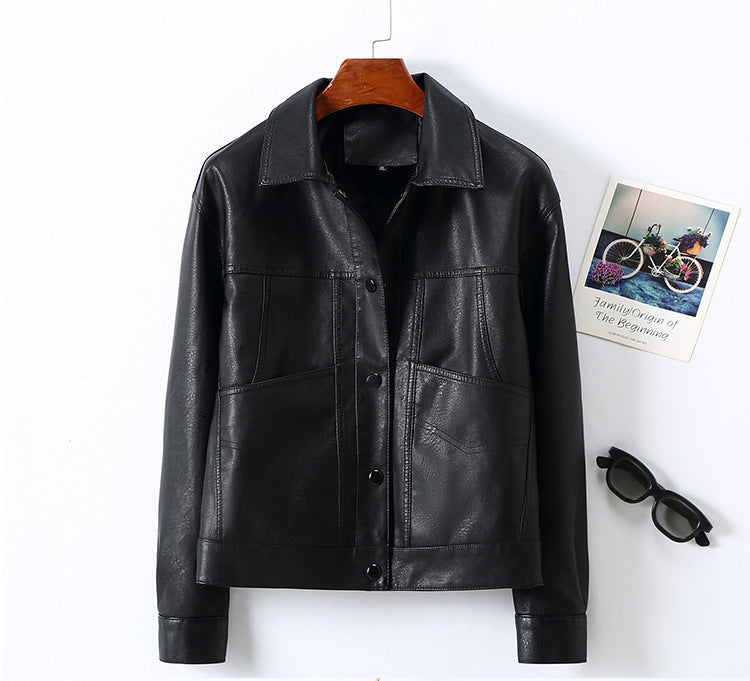 Women’s Lapel Short Small Leather Coat - Button Black / L