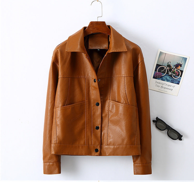 Women’s Lapel Short Small Leather Coat - Button Brown / L