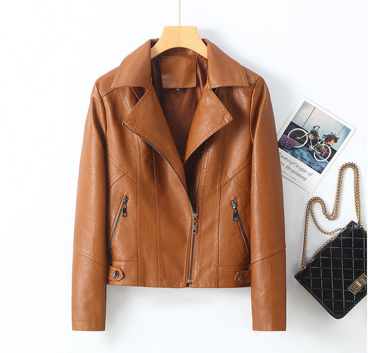 Women’s Lapel Short Small Leather Coat - Zipper Brown / L