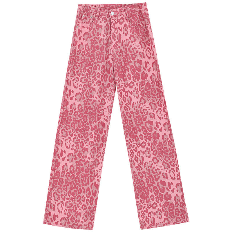 Leopard Jeans Women’s Thin Straight Loose Trousers - Pink / S