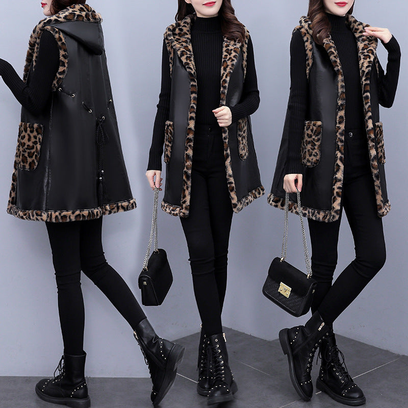 Plus Size Women’s Leopard Rabbit Plush Vest Coat