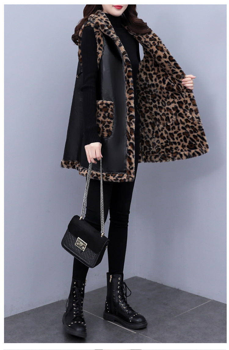 Plus Size Women’s Leopard Rabbit Plush Vest Coat