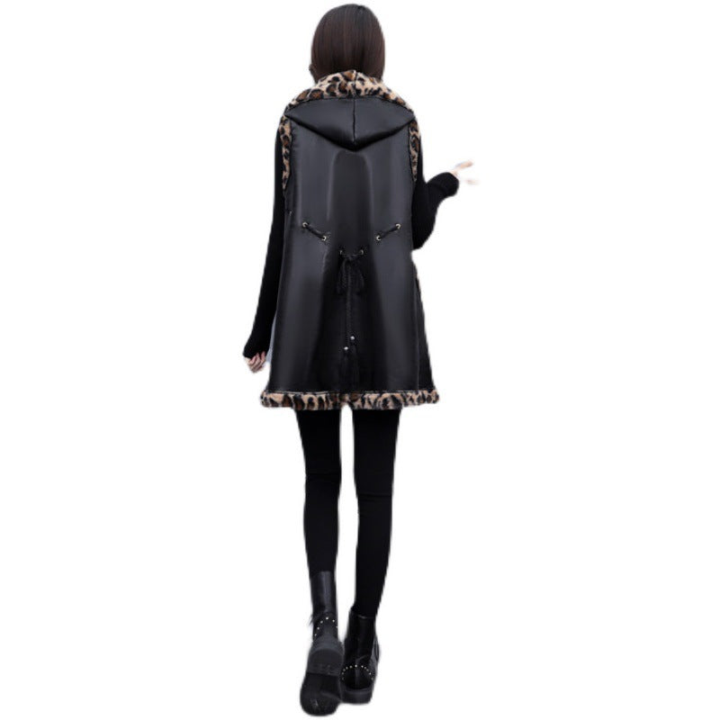 Plus Size Women’s Leopard Rabbit Plush Vest Coat