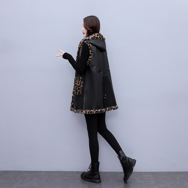 Plus Size Women’s Leopard Rabbit Plush Vest Coat