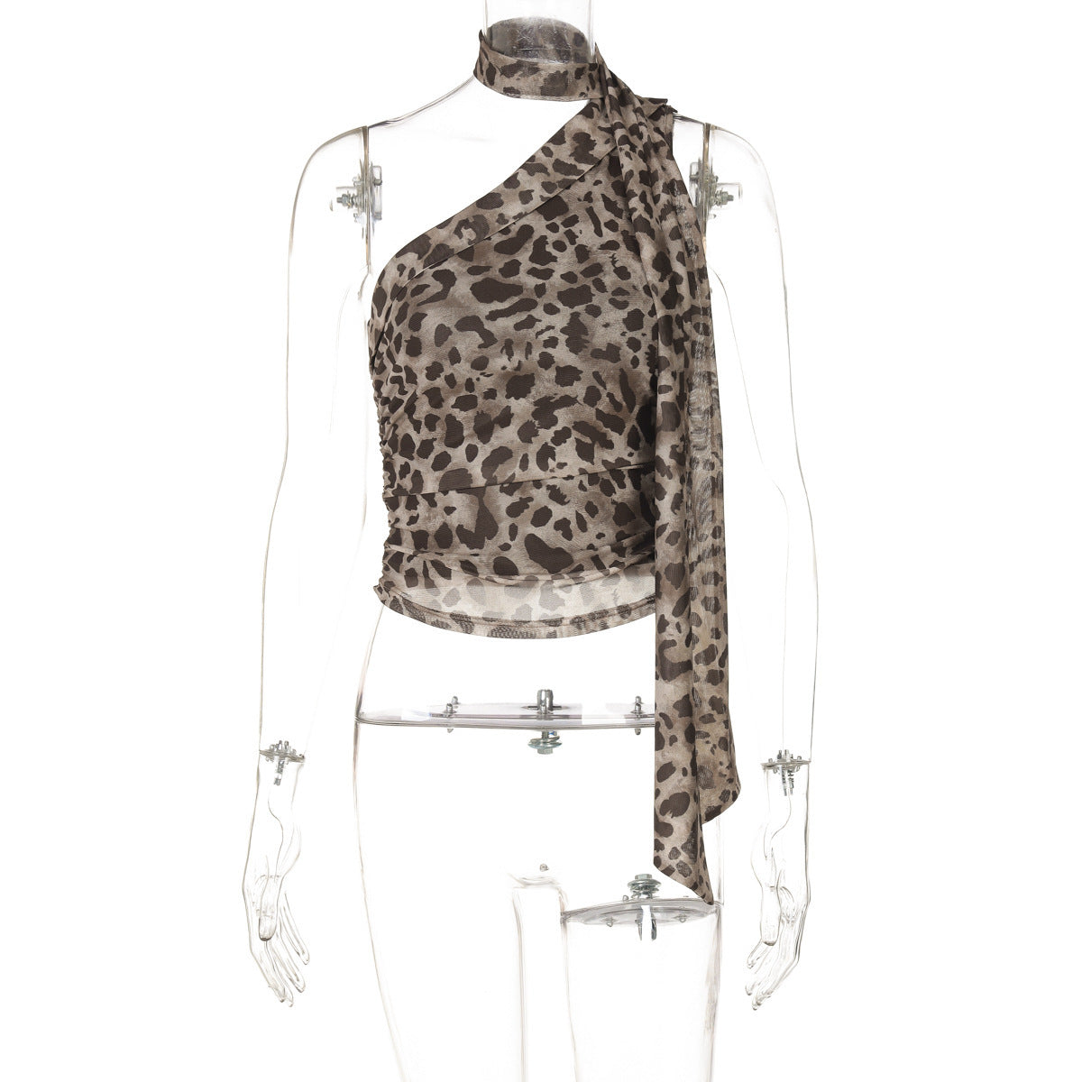 Leopard Print Crossbody Sleeveless Ribbon Short Tight Vest - Leopard Print / XS