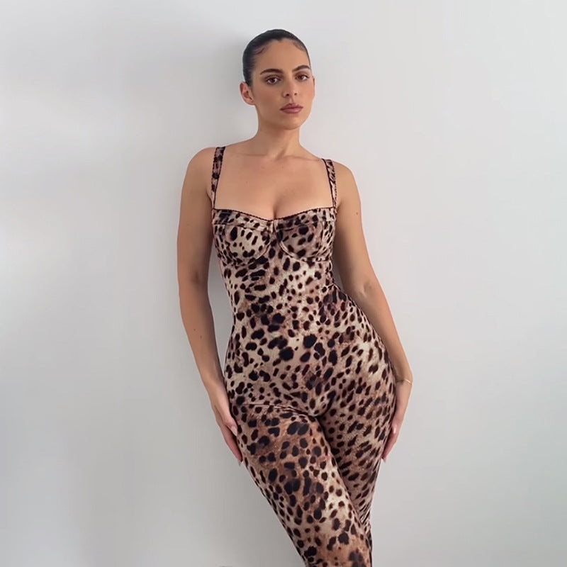 Sexy Backless Print High Waist Tight Hip-lifting Jumpsuit - S / Leopard Print