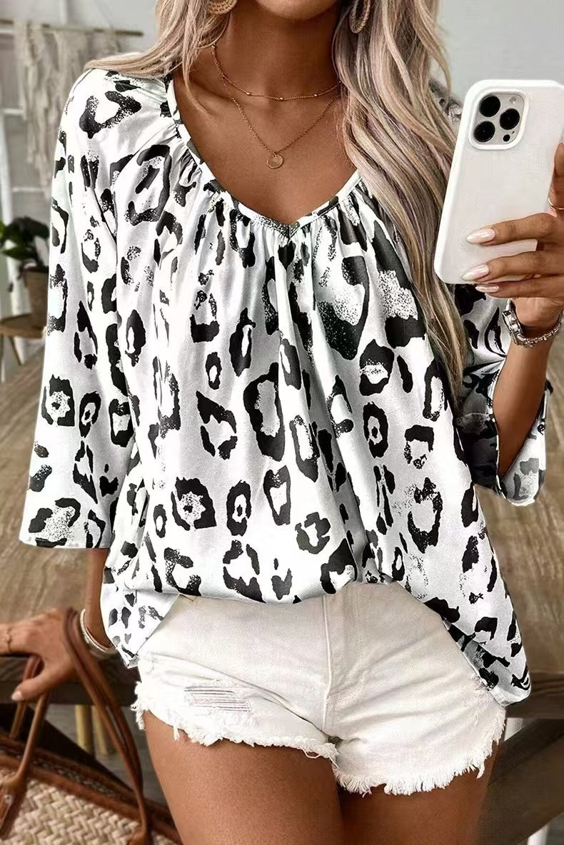 Spring And Summer Women’s Top Leopard Print V-neck Pleated Seven Quarter Sleeve Shirt Temperament Commuting - Black / S
