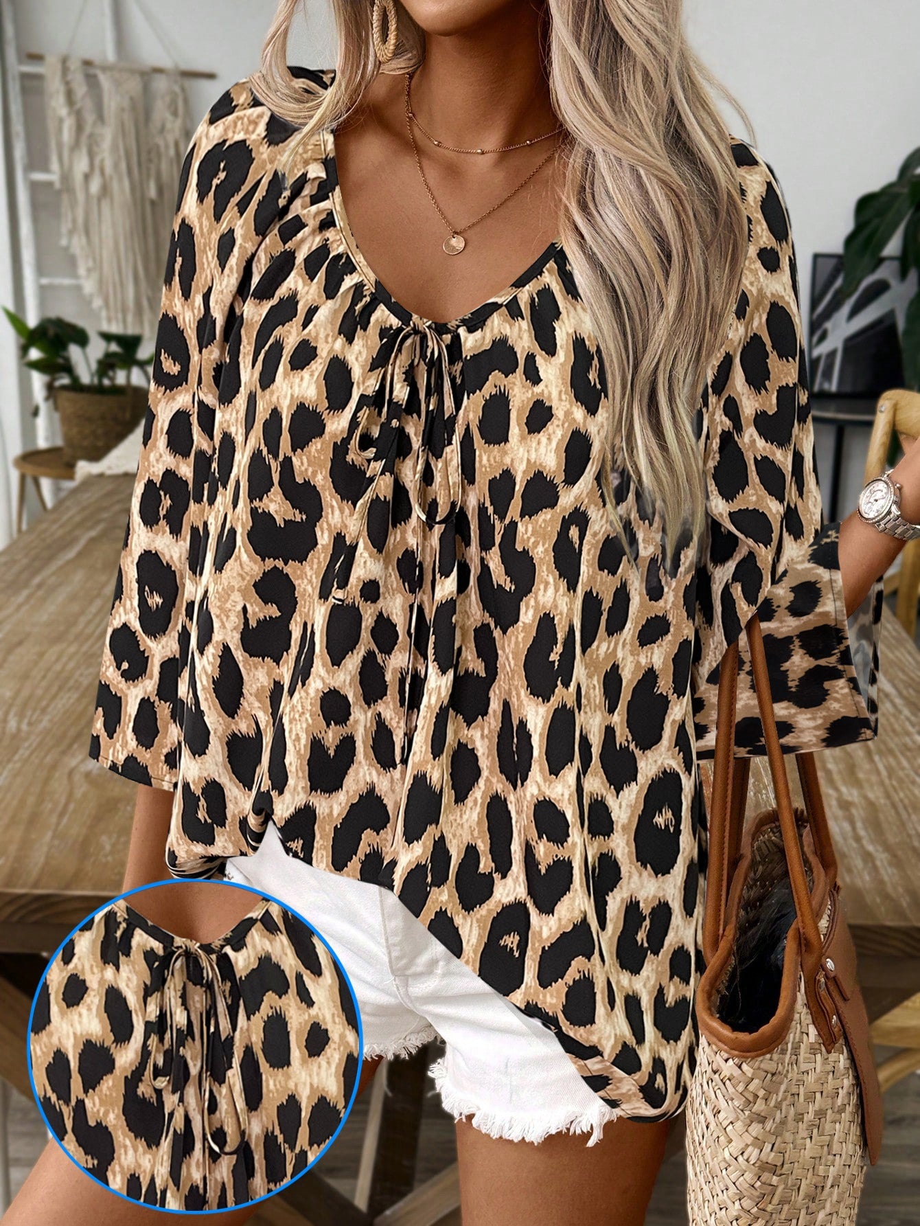 Spring And Summer Women’s Top Leopard Print V-neck Pleated Seven Quarter Sleeve Shirt Temperament Commuting - Earth