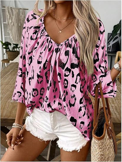 Spring And Summer Women’s Top Leopard Print V-neck Pleated Seven Quarter Sleeve Shirt Temperament Commuting - Pink / S