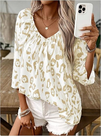 Spring And Summer Women’s Top Leopard Print V-neck Pleated Seven Quarter Sleeve Shirt Temperament Commuting - Yellow