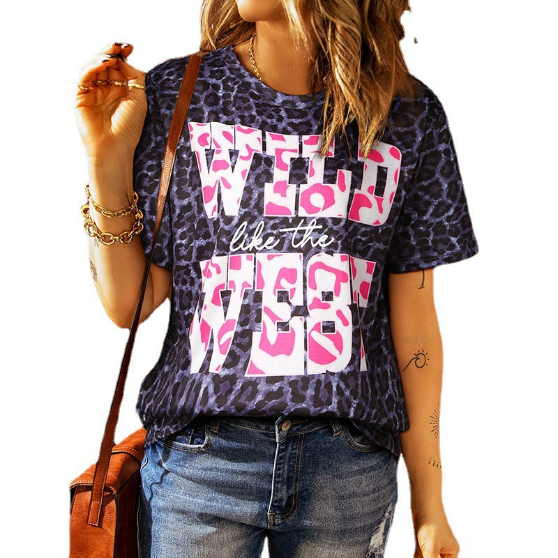 Women’s Round Neck Leopard Print Pullover Simple Style - Black / S