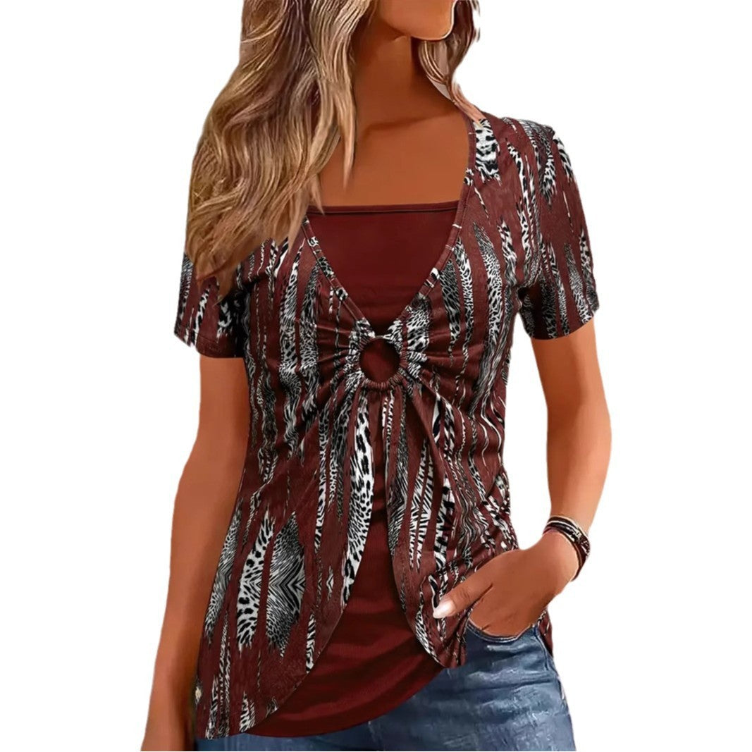 Fake Two-piece Ethnic Style Plus Size Women’s Clothes Short Sleeve