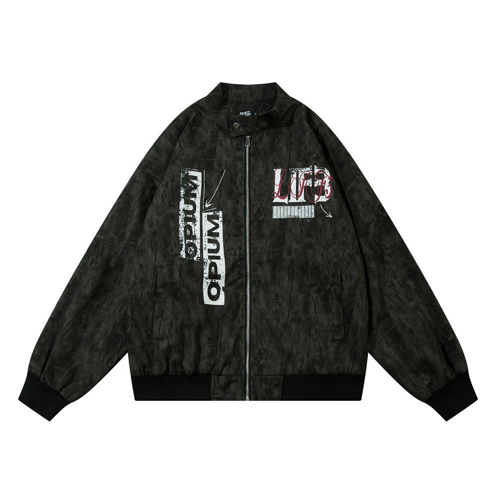 Letter Print Loose Stand-up Collar Jacket - Black / M