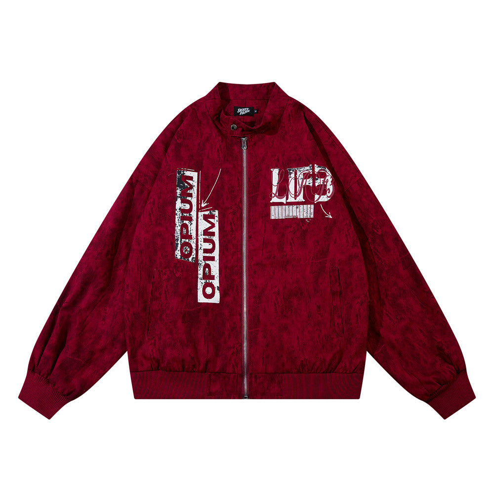 Letter Print Loose Stand-up Collar Jacket - Wine Red / M