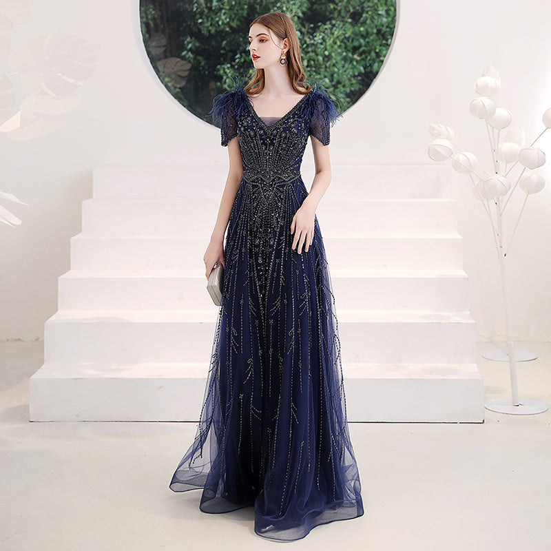 Light Luxury And Small Crowd Show Thin Annual Meeting Host Evening Dress - Dark Navy / S